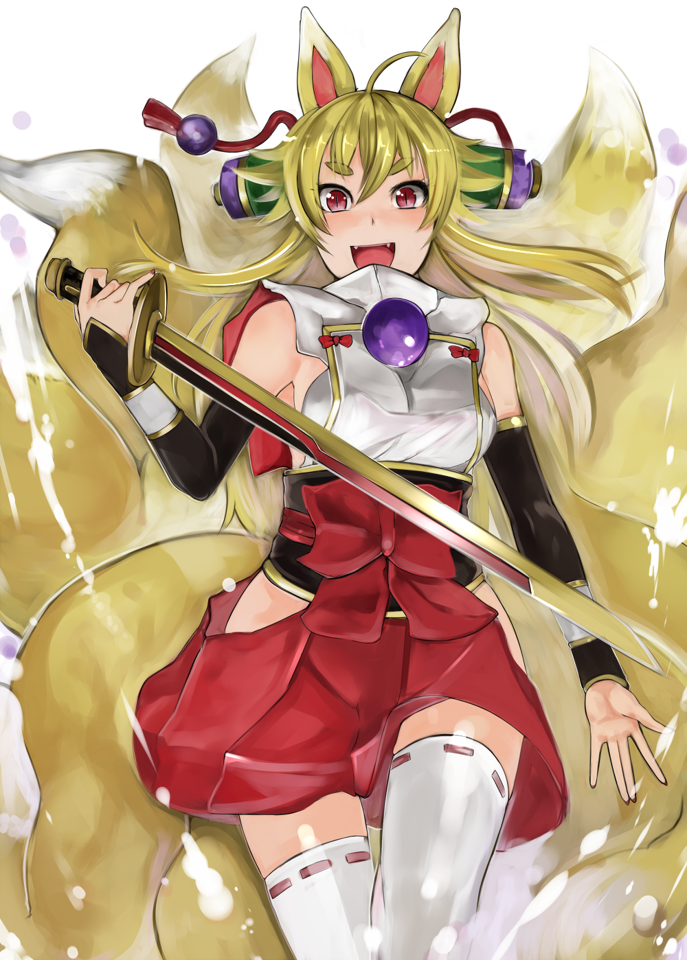 1girl, animal_ears, blonde_hair, fang, fangs, female_focus, fox_ears, fox_tail