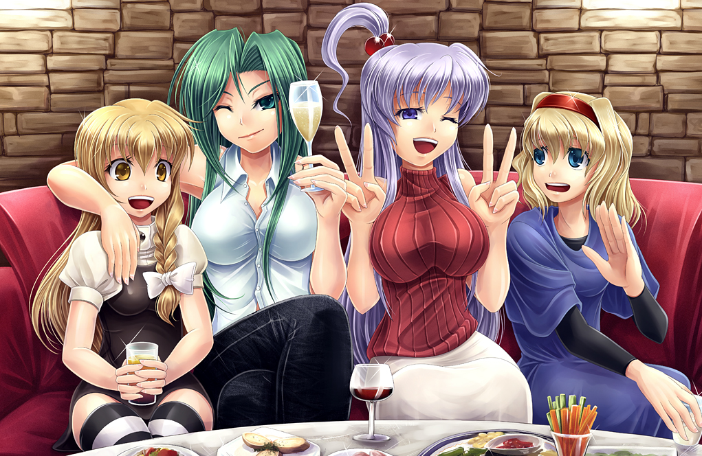 4girls, ahoge, alice_margatroid, alternate_costume, bad_anatomy, bad_hands, blonde_hair, bow