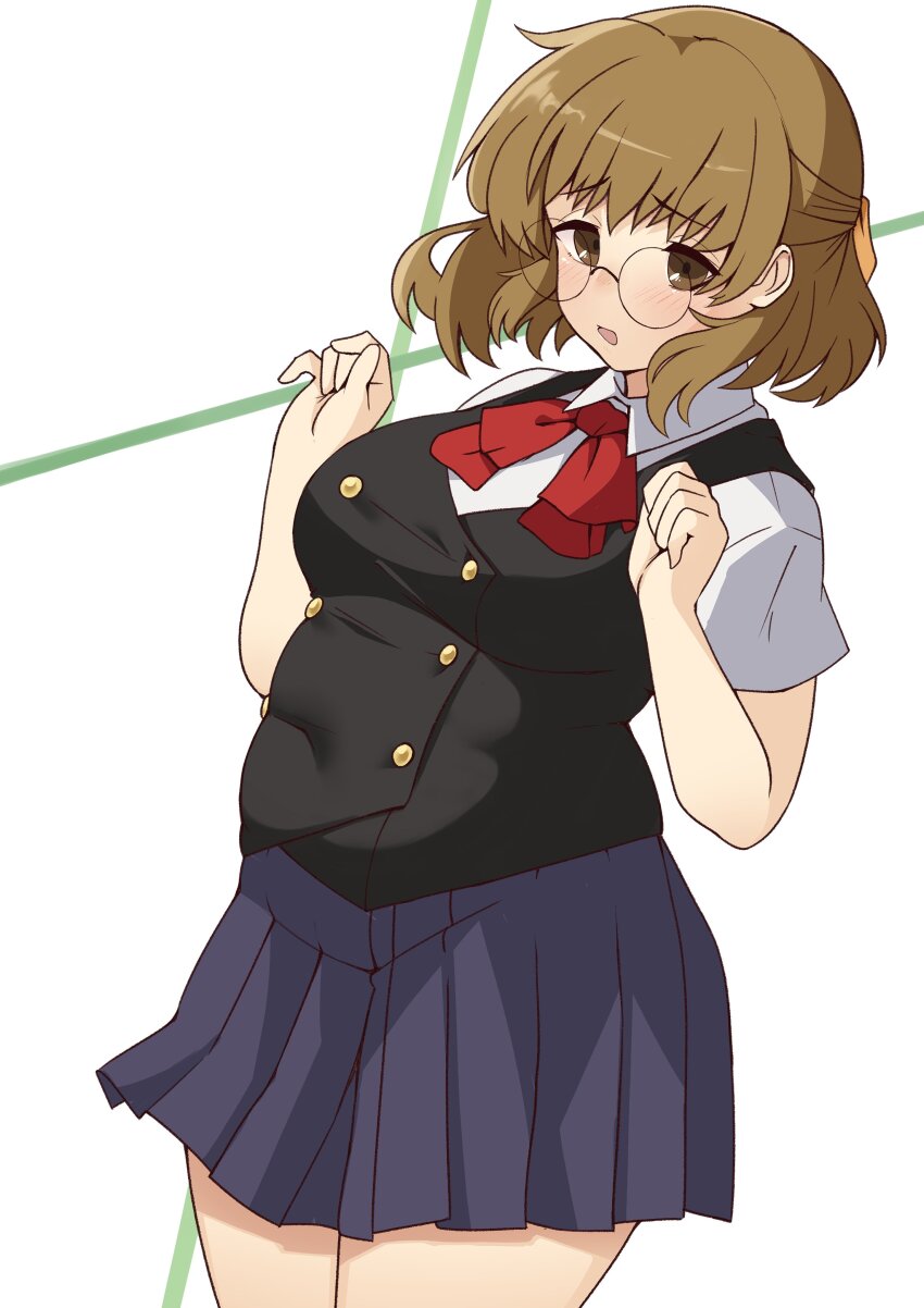 1girl, absurdres, belly, bifizu's_gold, black_vest, blue_skirt, bow, bowtie