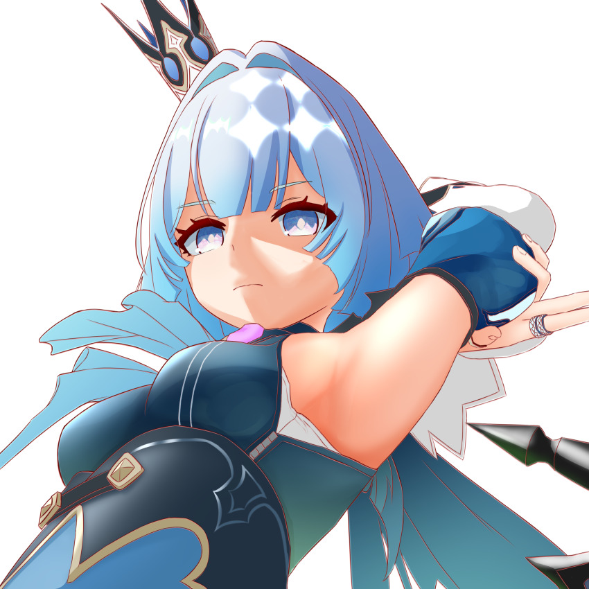 1girl, aimii83, armpits, arms_up, bare_shoulders, blue_hair, breasts, bright_pupils