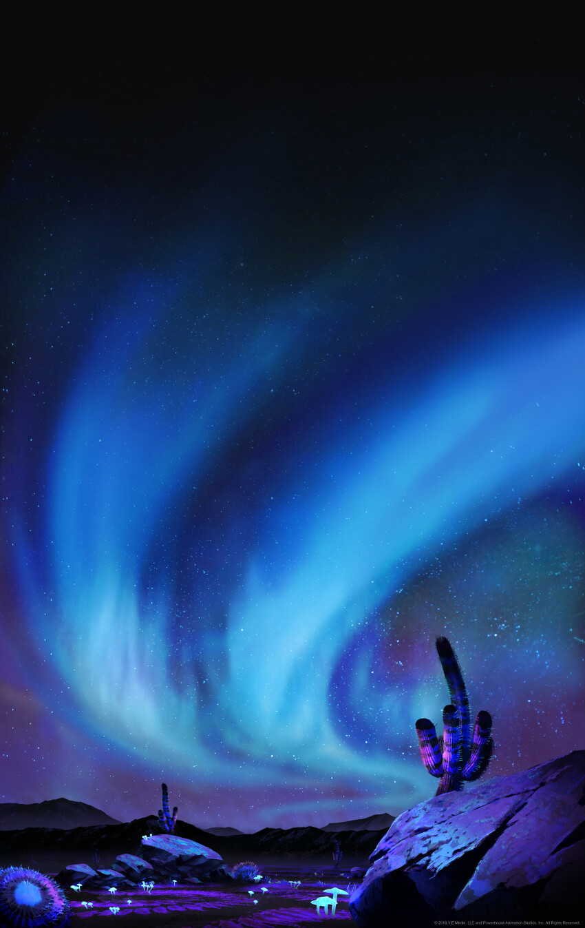 absurdres, aurora, bioluminescence, boulder, cactus, commentary, crimsonsword03, desert