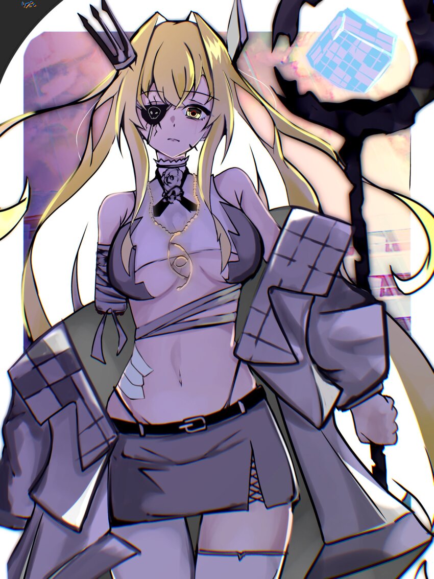 1girl, amputee, asymmetrical_legwear, black_crown, blonde_hair, commentary_request, crown, eyepatch