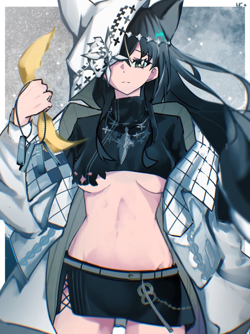 1girl, animal_ears, black_hair, black_shirt, black_skirt, breasts, commentary_request, dog_tags