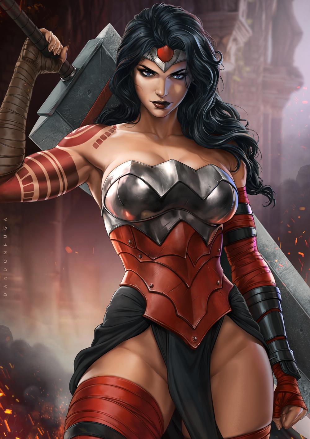 1girl, absolute_dc, absolute_wonder_woman, arm_tattoo, arm_wrap, armpits, bare_shoulders, black_hair