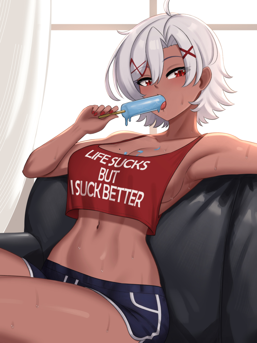 1girl, breasts, commentary, couch, crop_top, cslucaris, dark-skinned_female, dark_skin
