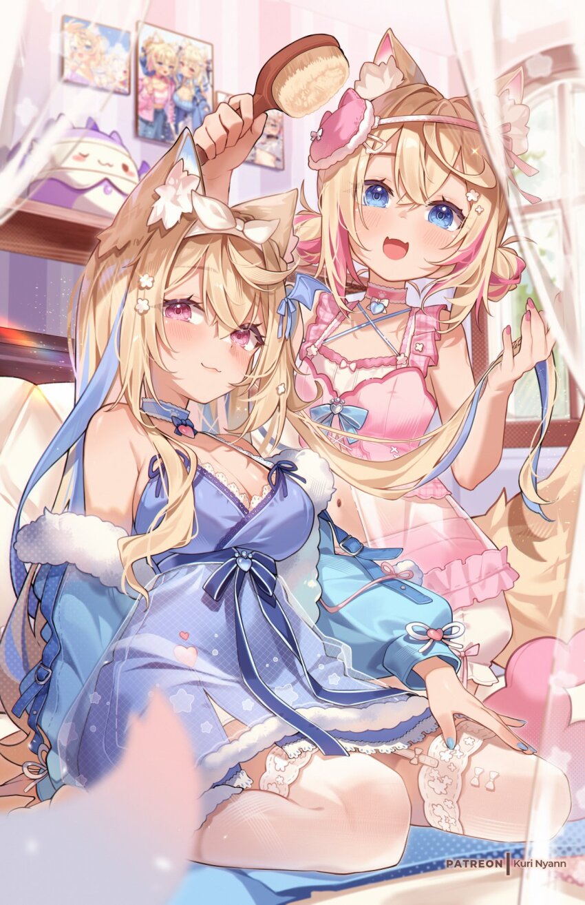 2girls, :3, :d, animal_ear_fluff, animal_ears, babydoll, blonde_hair, blue_eyes