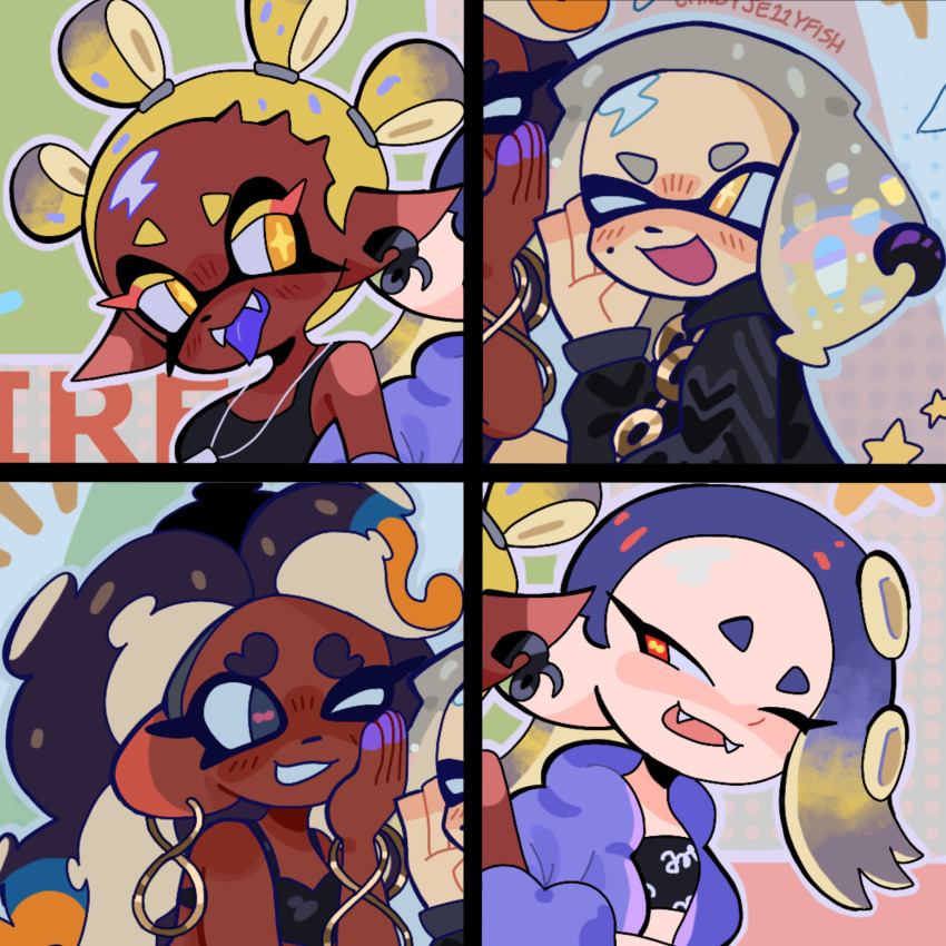 4girls, asymmetrical_hair, bare_shoulders, black_hair, blonde_hair, blue_hair, blush, candyje11yfish