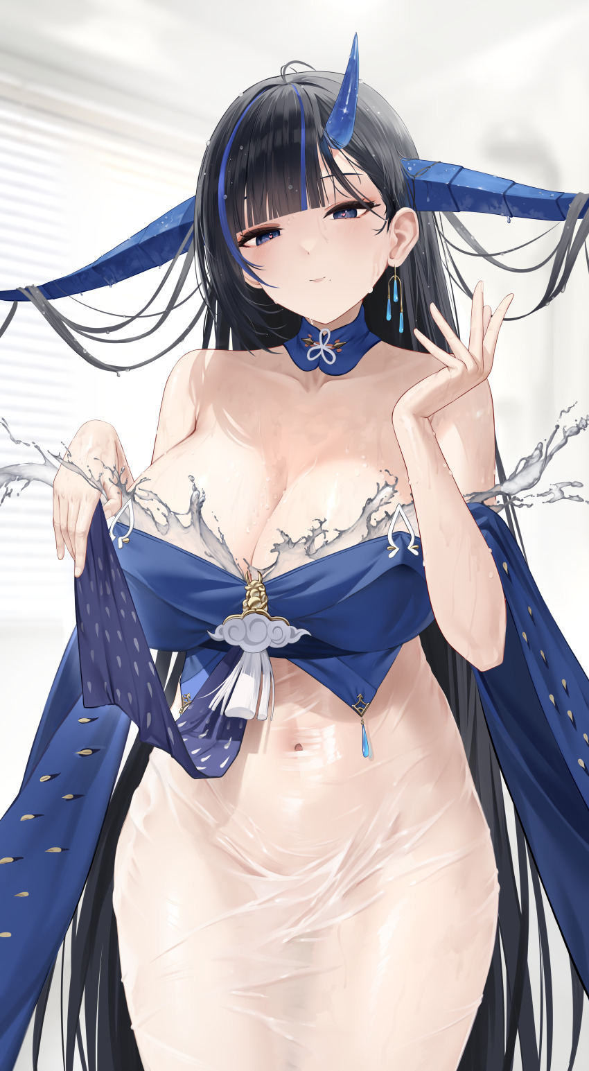 1girl, absurdres, azur_lane, bare_shoulders, black_hair, blue_eyes, blue_hair, blue_horns