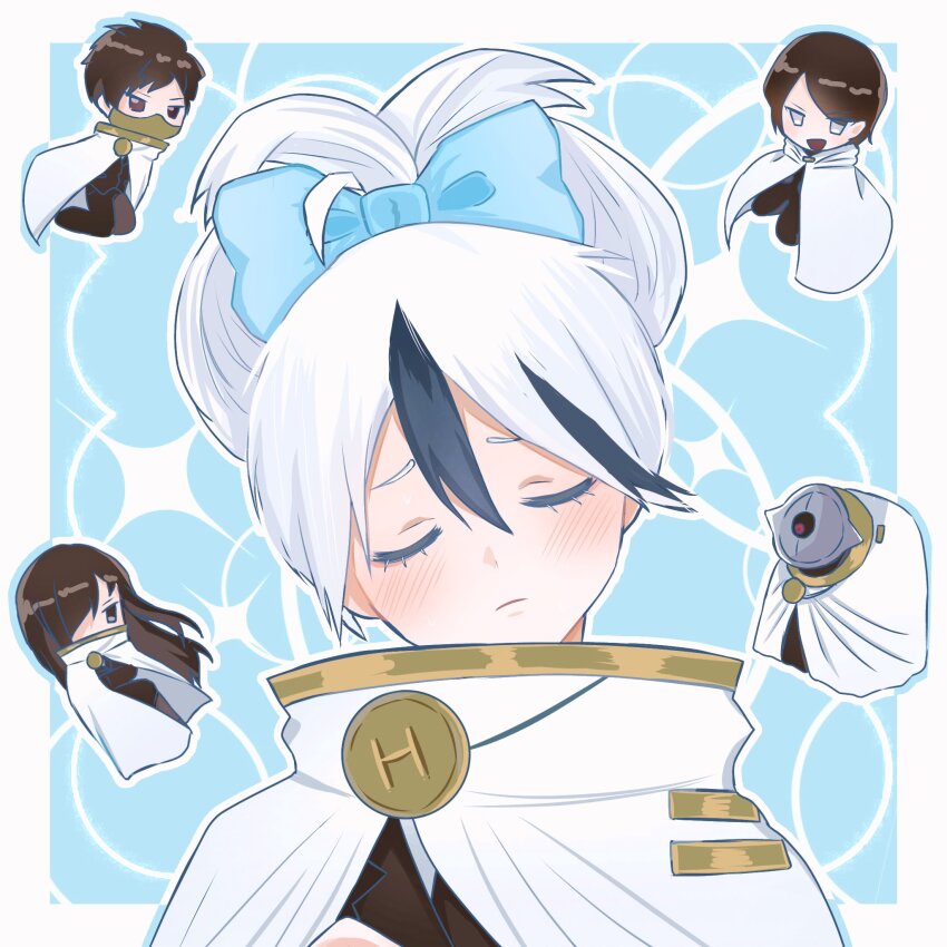 2girls, 3boys, alternate_hairstyle, androgynous, black_streaks, blue_background, blue_bow, blush