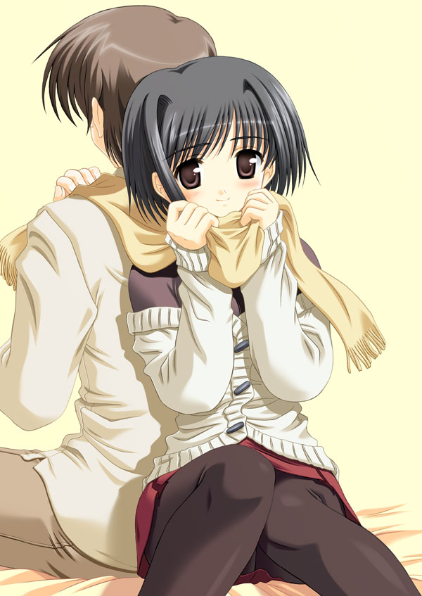 1boy, 1girl, asou_asuna, back-to-back, bad_id, bed_sheet, black_hair, black_pantyhose