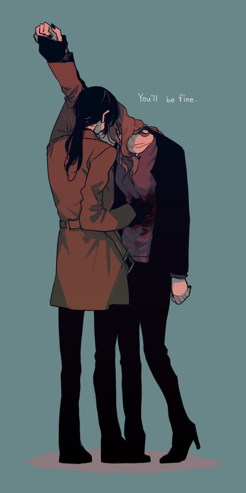 2girls, black_hair, black_pants, blood, blue_background, brown_coat, brown_hair, coat