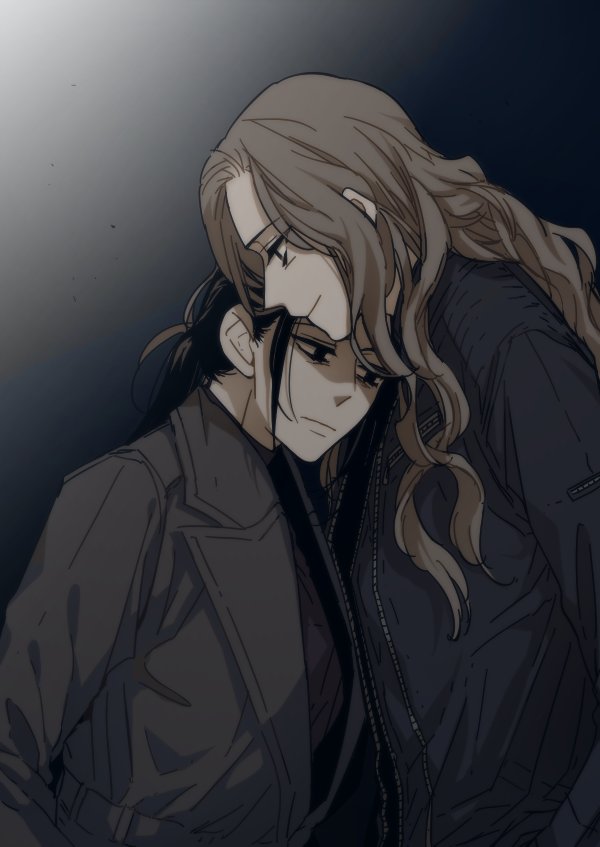 2girls, black_hair, brown_coat, brown_hair, coat, commentary_request, jacket, korean_commentary