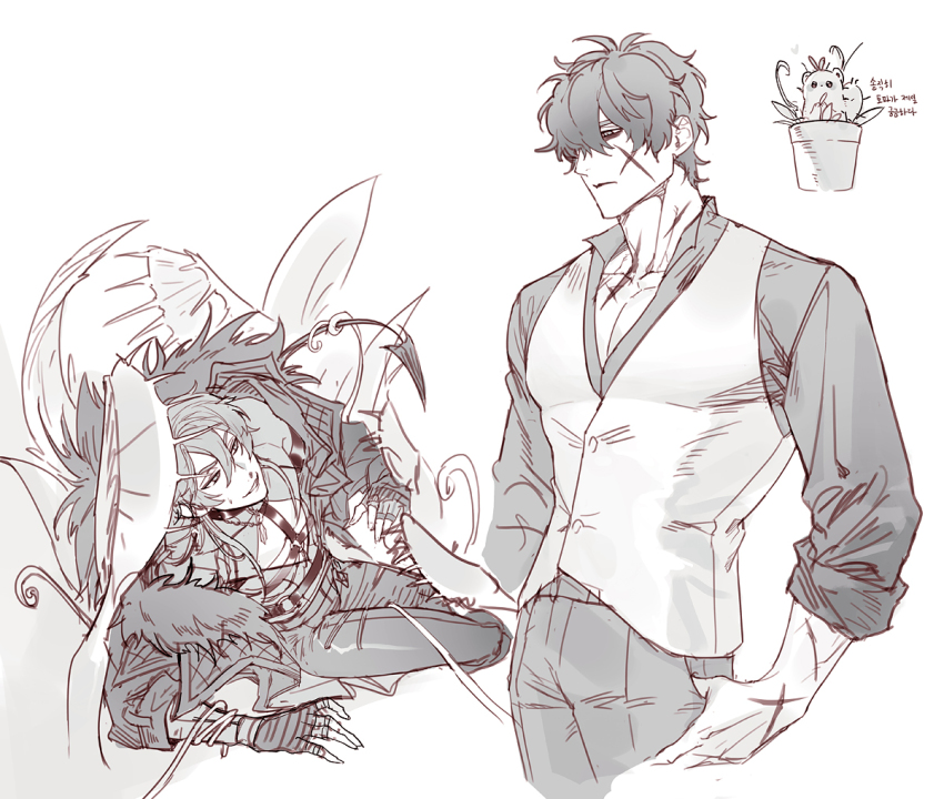 2boys, bags_under_eyes, black_gloves, black_hair, black_shorts, brown_hair, cactus, collared_shirt