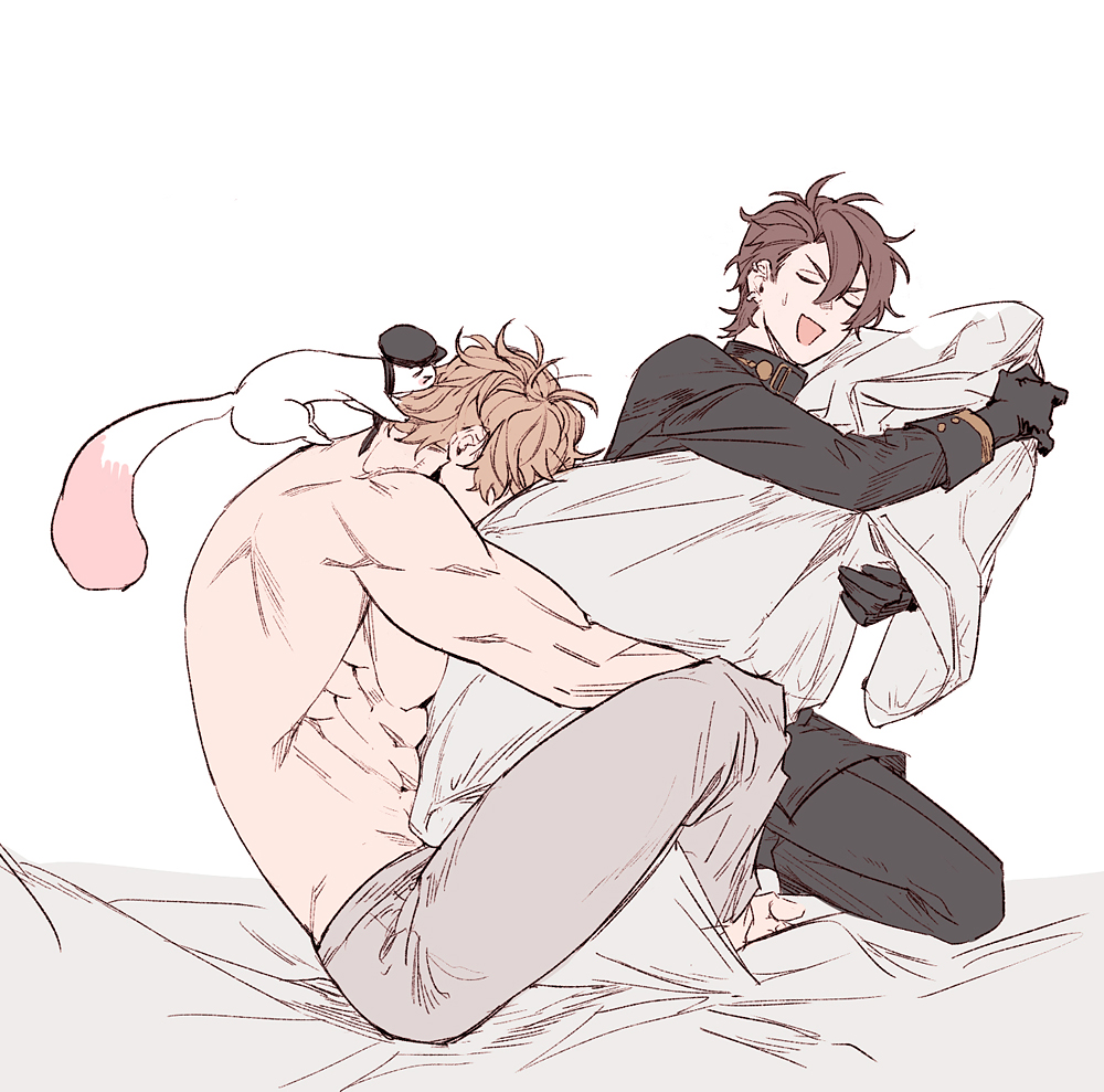 2boys, animal, animal_on_shoulder, bed_sheet, black_gloves, black_jacket, black_pants, blonde_hair
