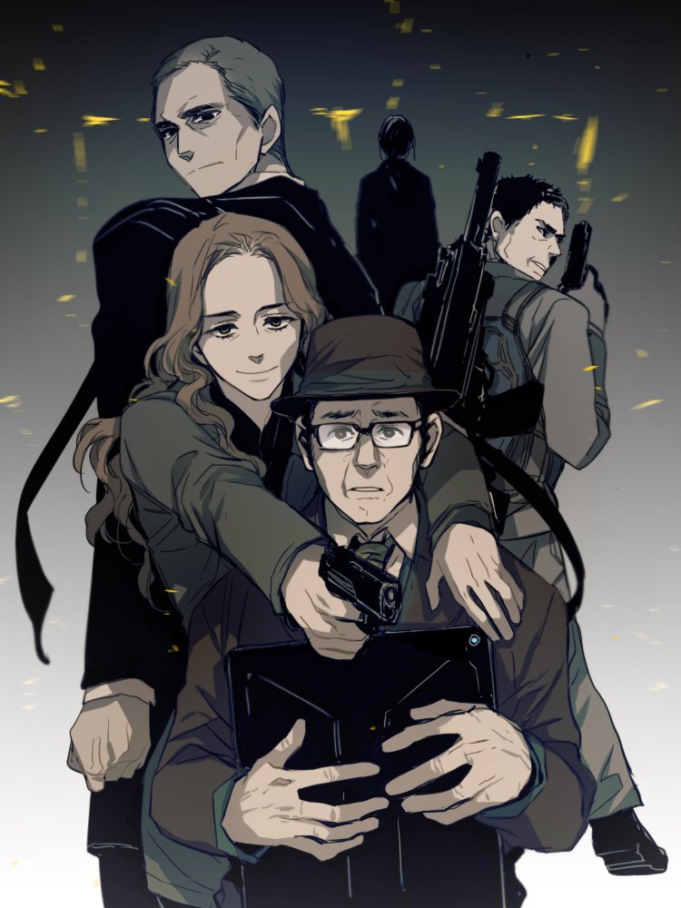 2girls, 3boys, back, black_hair, brown_eyes, brown_hair, character_request, collared_shirt