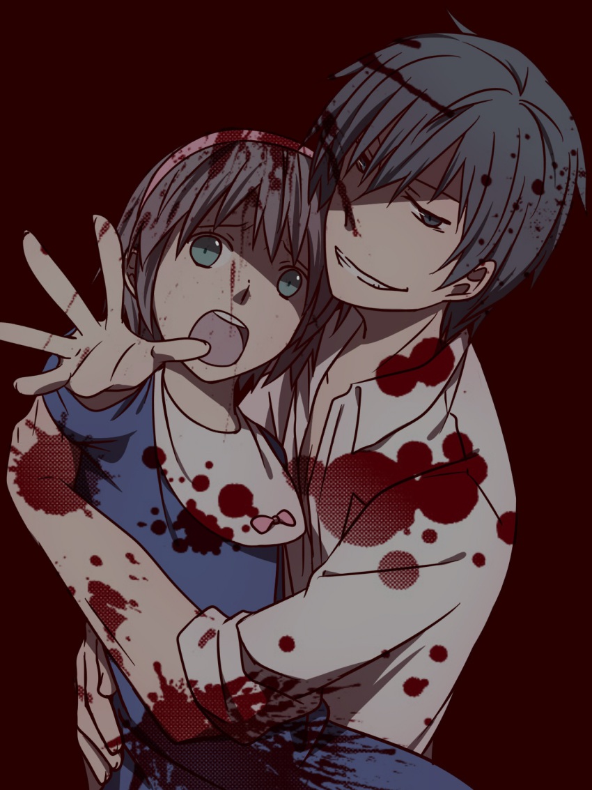 1boy, 1girl, black_eyes, black_hair, blood, blue_eyes, brown_hair, corpse_party