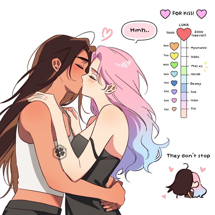 2girls, akanichiyu, alien_stage, black_camisole, blue_hair, blush, brown_hair, camisole