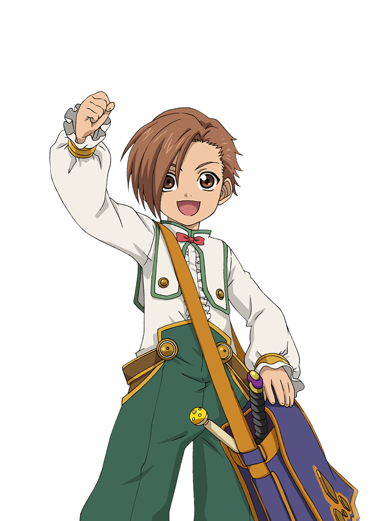 1boy, arm_up, artist_request, bag, blue_bag, bow, brown_eyes, brown_hair, child, clenched_hand, commentary, cowboy_shot, game_cg, green_pants, karol_capel, karol_capel_(valiant_swordsman), looking_at_viewer, male_focus, multicolored_bag, official_alternate_costume, official_alternate_hairstyle, official_art, open_mouth, orange_bag, pants, red_bow, shirt, short_hair, simple_background, smile, solo, standing, tales_of_(series), tales_of_asteria, tales_of_vesperia, third-party_source, transparent_background, weapon, white_shirt