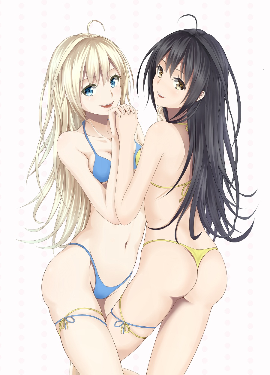 2girls, ahoge, ass, bad_id, bad_pixiv_id, bare_shoulders, bikini, black_hair, blonde_hair, blue_bikini, blue_eyes, breasts, collarbone, holding_hands, heisei_yutorin, highres, long_hair, looking_at_viewer, multiple_girls, navel, original, panties, polka_dot, polka_dot_background, sideboob, smile, swimsuit, thong, thong_bikini, underwear, yellow_eyes, yuri