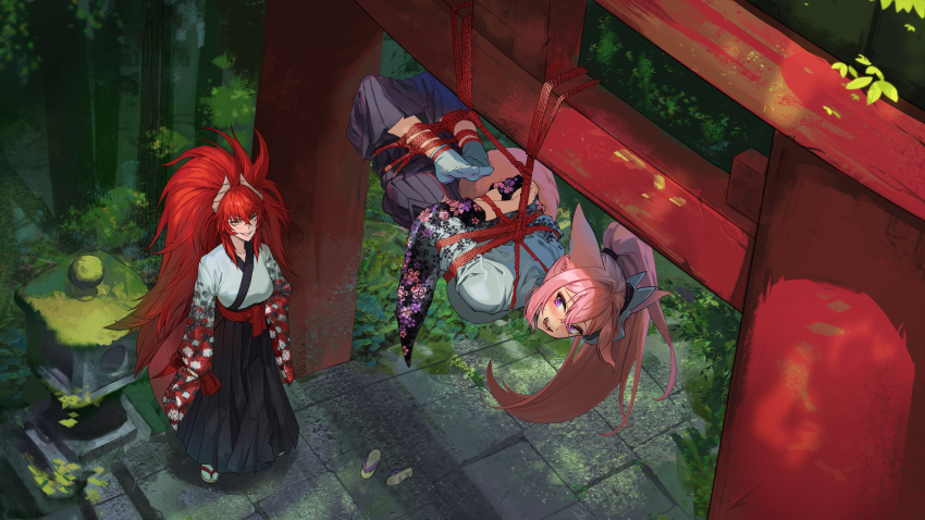 2girls, animal_ears, blush, boshke, bound, commentary, dragon_girl, dragon_horns, english_commentary, fox_ears, fox_girl, fox_mask, fox_tail, highres, horns, indie_virtual_youtuber, japanese_clothes, kimono, mask, meicha_(vtuber), mole, mole_under_eye, multiple_girls, open_mouth, outdoors, pink_hair, ponytail, purple_eyes, red_hair, sandals, shibari, smile, socks, tail, torii, tree, virtual_youtuber, yellow_eyes, zentreya, zentreya_(dragon)