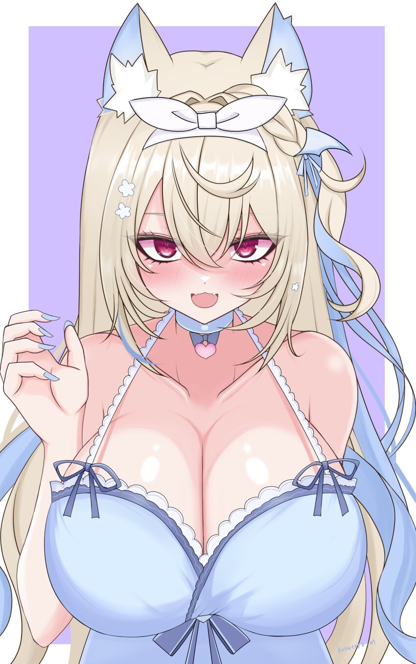 1girl, absurdres, animal_ears, babydoll, blonde_hair, blue_babydoll, blue_nails, blue_streaks