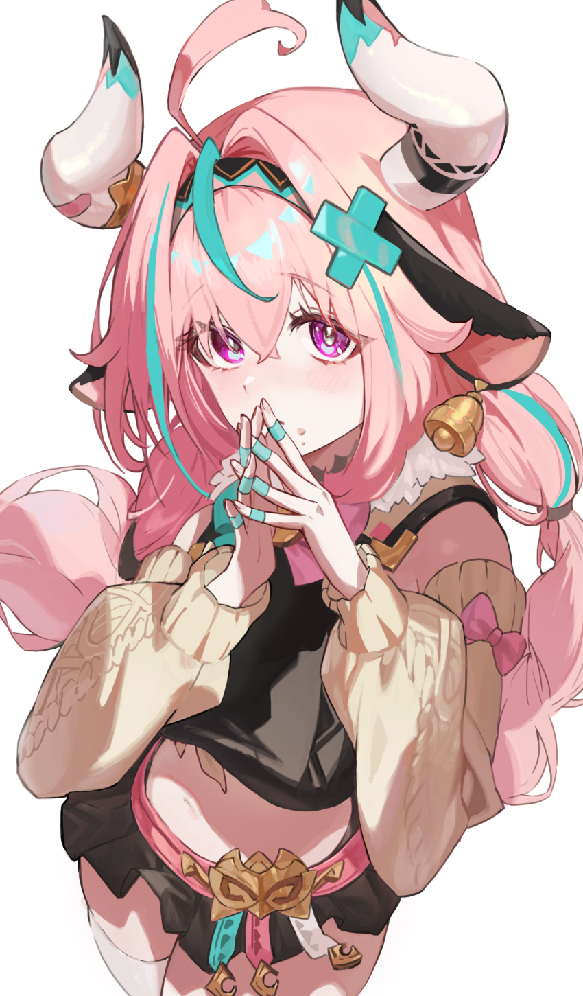 ahoge, animal_earrings, animal_ears, aqua_hair, bandaid, bandaid_on_finger, bandaid_on_hand, bandaid_on_horn, bell, bell_earrings, black_shirt, black_skirt, braid, breasts, commentary_request, cow_ears, cow_girl, cow_horns, cowboy_shot, crop_top, detached_sleeves, earrings, food, food_on_face, genshin_impact, haeb59900889, hair_between_eyes, hair_ornament, hairband, highres, horns, jewelry, knit_sleeves, light_blush, long_hair, looking_at_viewer, medium_breasts, miniskirt, multicolored_hair, own_hands_together, pale_skin, pink_hair, pleated_skirt, print_hairband, purple_eyes, shirt, single_thighhigh, skindentation, skirt, sleeveless, sleeveless_shirt, streaked_hair, thighhighs, twin_braids, varesa_(genshin_impact), white_background, white_thighhighs, x_hair_ornament