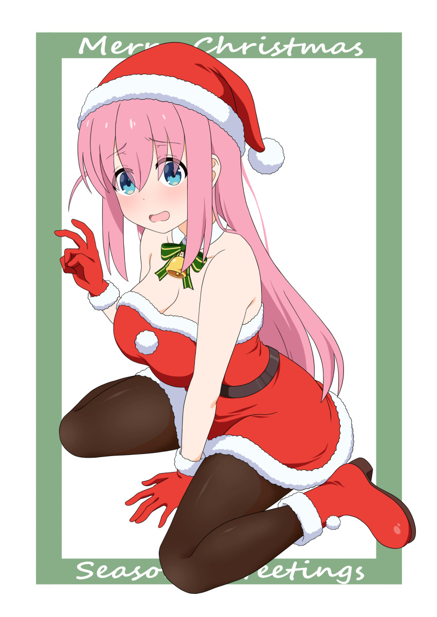 1girl, absurdres, bare_shoulders, bell, black_pantyhose, blue_eyes, bocchi_the_rock!, boots