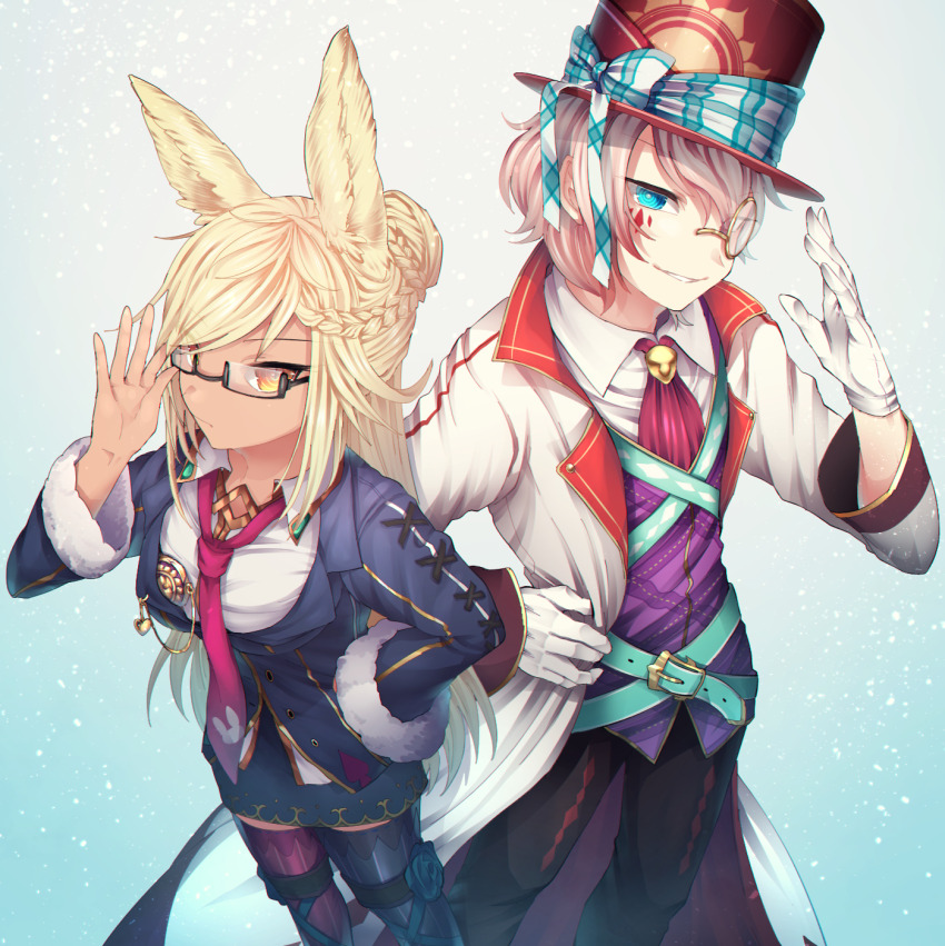 1boy, 1girl, animal_ears, aqua_belt, aqua_eyes, belt, belt_buckle, blue_jacket