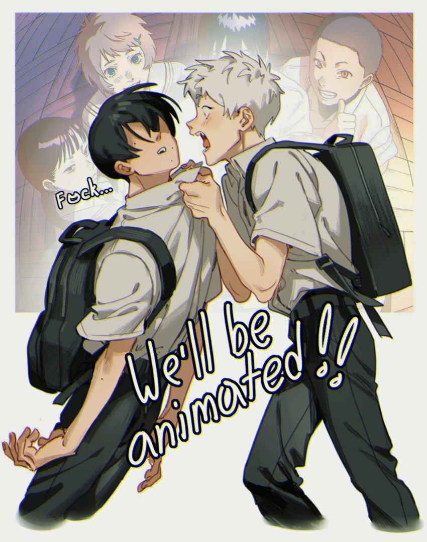 2girls, 3boys, aqua_eyes, backpack, bag, black_bag, black_hair, black_pantyhose