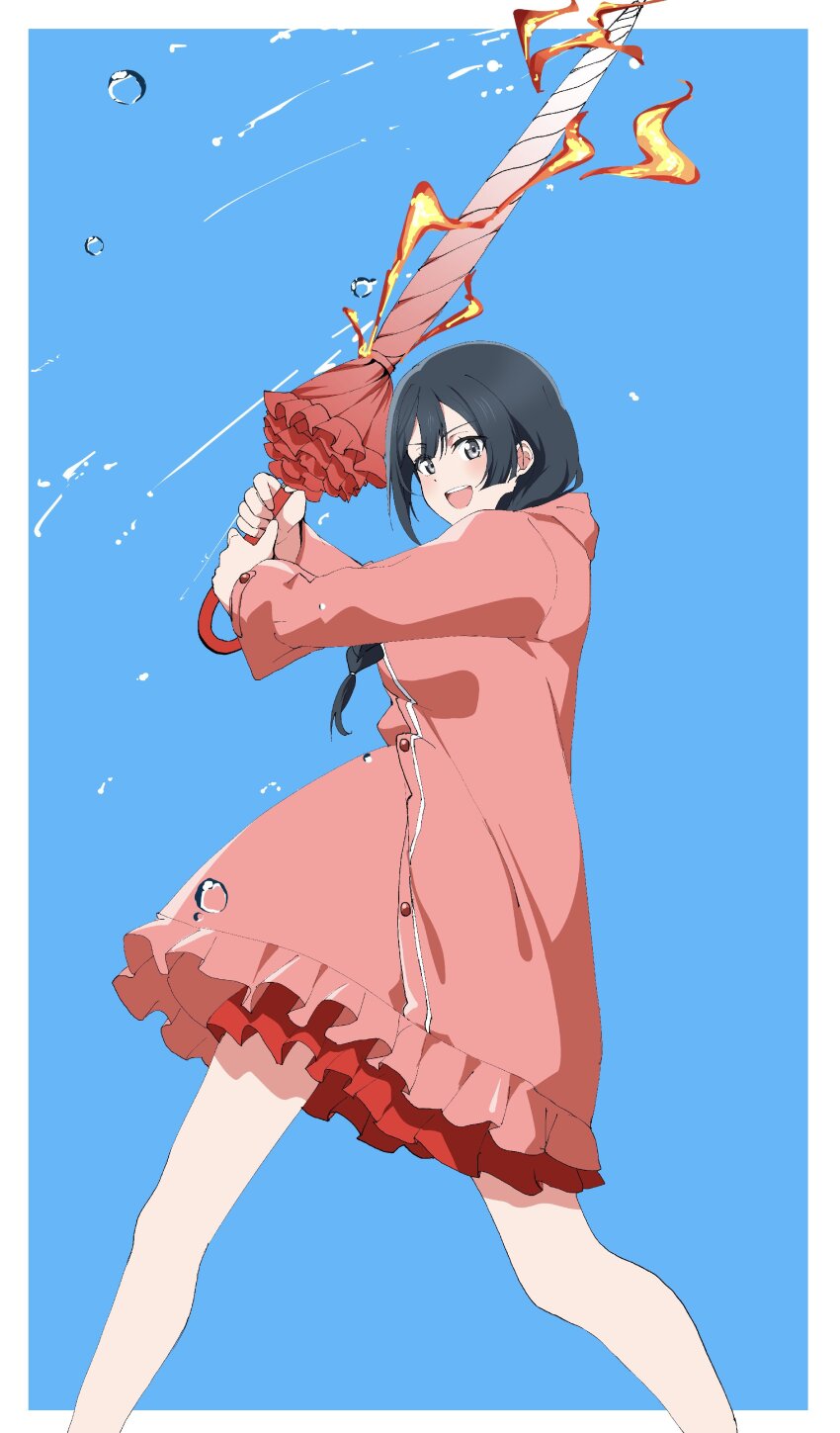 1girl, absurdres, black_hair, blue_background, commentary_request, dress, feet_out_of_frame, haguruma_(89ru0), happy, highres, holding, holding_umbrella, long_hair, love_live!, love_live!_nijigasaki_high_school_idol_club, open_mouth, pink_dress, simple_background, smile, solo, standing, teeth, umbrella, upper_teeth_only, yuki_setsuna