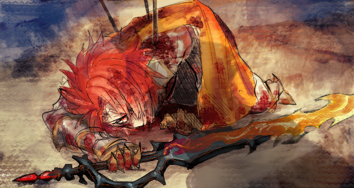 1boy, blood_on_armor, blood_on_cheek, grimms_notes, hair_over_one_eye, holding, holding_sword, holding_weapon