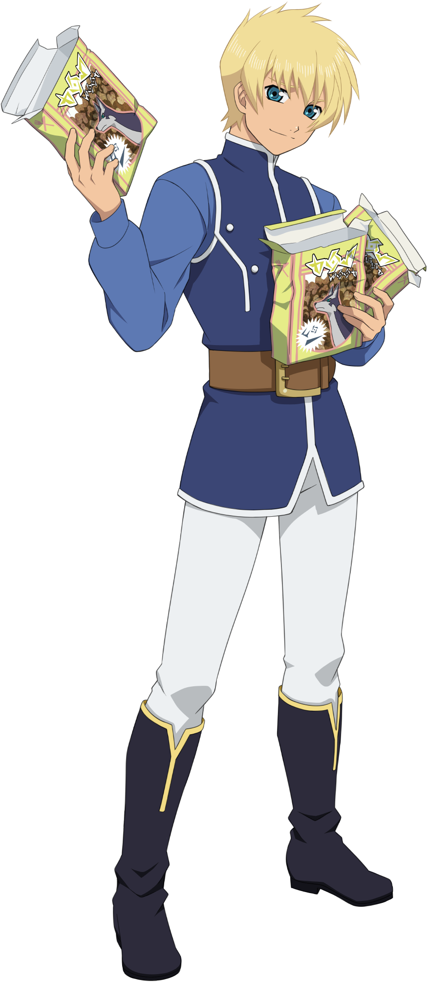 1boy, artist_request, belt, black_boots, blonde_hair, blue_eyes, blue_shirt, blue_vest