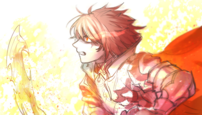 1boy, armor, cape, clenched_teeth, fiery_background, fire, glowing, glowing_eye