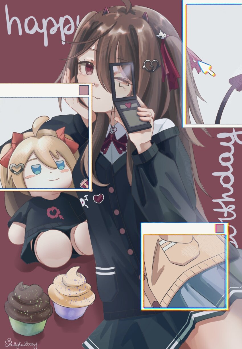 1girl, ahoge, arm_support, black_cardigan, black_panties, black_shirt, black_skirt, blush_stickers