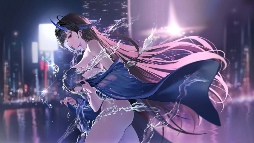 1girl, azur_lane, black_hair, blue_eyes, blue_horns, blush, breasts, building