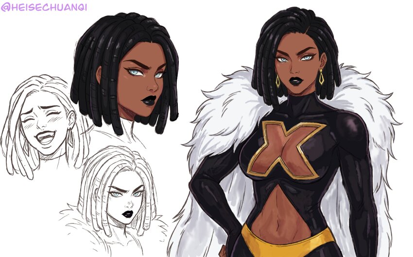 1girl, absurdres, black_diamond_(x-men), black_hair, black_lips, blush, bodysuit, breasts