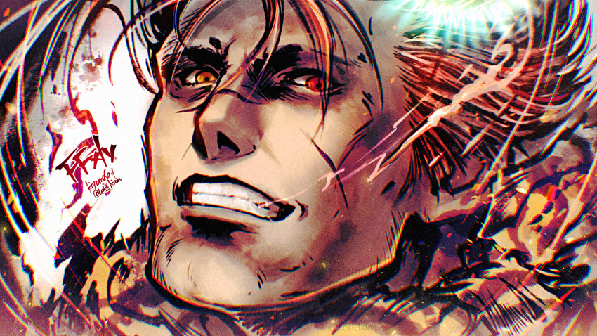 1boy, beard_stubble, brute_bomber, chromatic_aberration, clenched_teeth, close-up, facial_hair, facial_scar