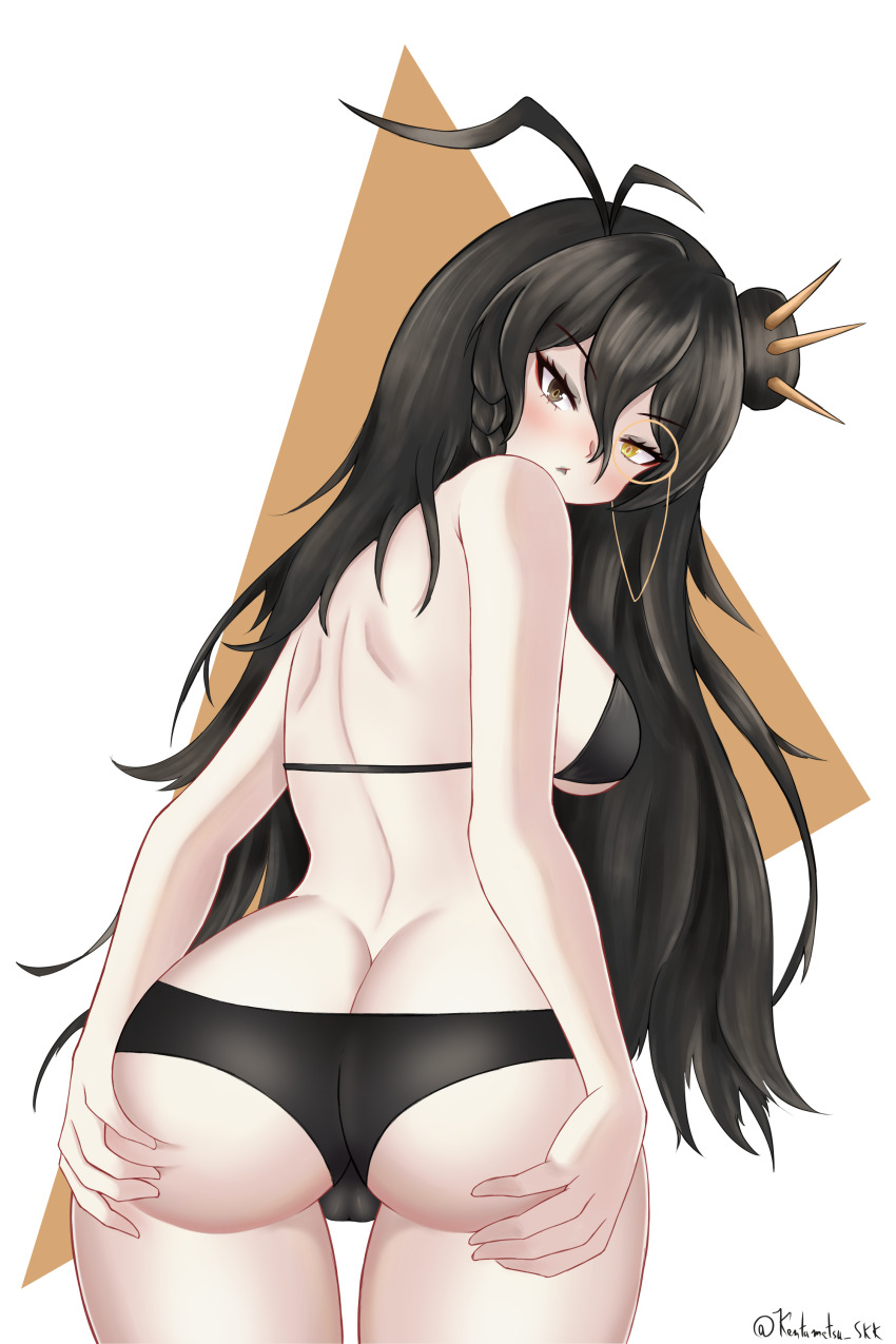 1girl, absurdres, ass, bikini, black_bikini, black_bra, black_eyes, black_hair
