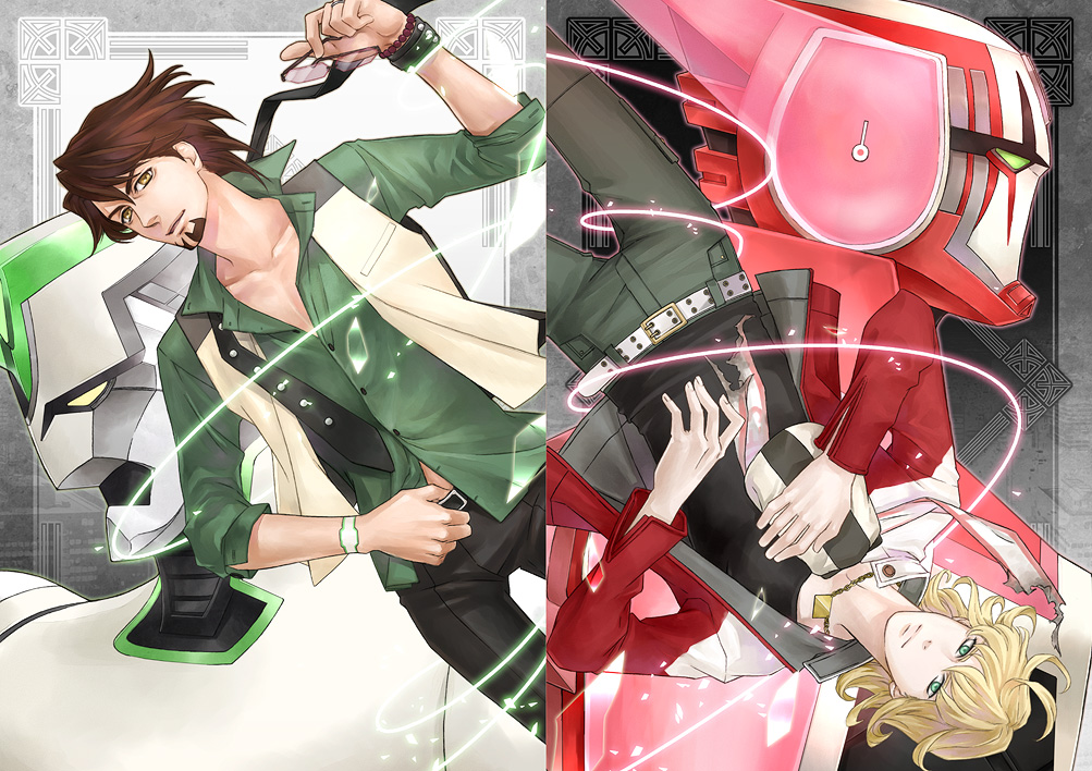 10s, 4boys, armor, bad_id, bad_pixiv_id, barnaby_brooks_jr., belt, blonde_hair, bracelet, brown_eyes, brown_hair, newsboy_cap, dual_persona, facial_hair, falling, glasses, green_eyes, hat, holding, holding_unworn_clothes, holding_unworn_hat, jacket, jewelry, kaburagi_t._kotetsu, male_focus, multiple_boys, necklace, necktie, power_armor, power_suit, red_jacket, short_hair, string, stubble, studded_belt, superhero_costume, tiger_&amp;_bunny, unworn_hat, unworn_headwear, vest, waistcoat, watama, watch, wild_tiger, wristwatch