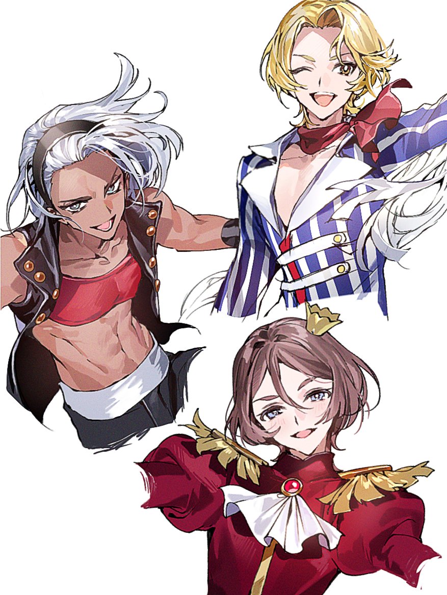 3boys, abs, ascot, bangs_pinned_back, black_hairband, black_jacket, blonde_hair, blue_eyes