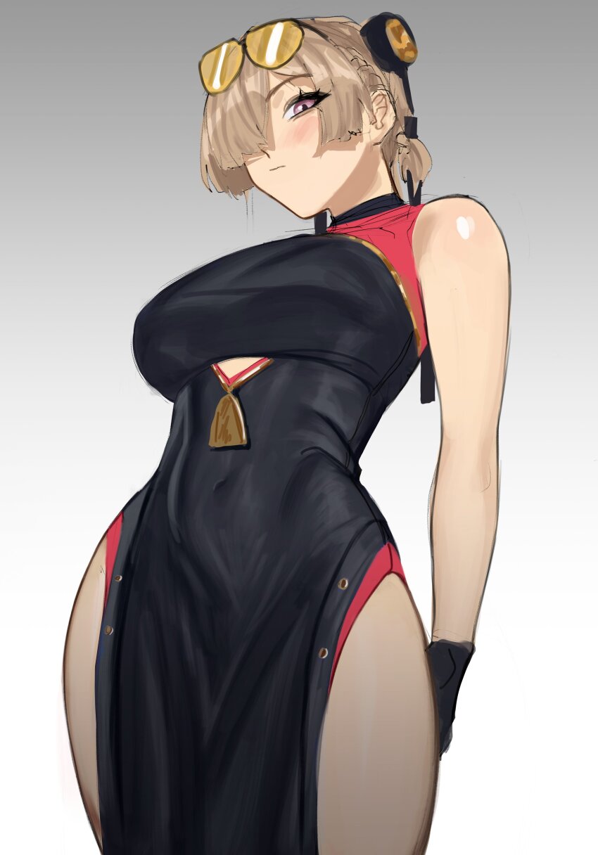 1girl, absurdres, bare_shoulders, black_dress, black_gloves, breasts, china_dress, chinese_clothes, clothing_cutout, commentary, cowboy_shot, cutout_above_navel, dress, expressionless, eyewear_on_head, from_below, gloves, hair_ornament, highres, i_s_s_h_i_n, looking_at_viewer, pelvic_curtain, purple_eyes, solo, sunglasses, sweety_(zenless_zone_zero), tinted_eyewear, yellow-tinted_eyewear, zenless_zone_zero