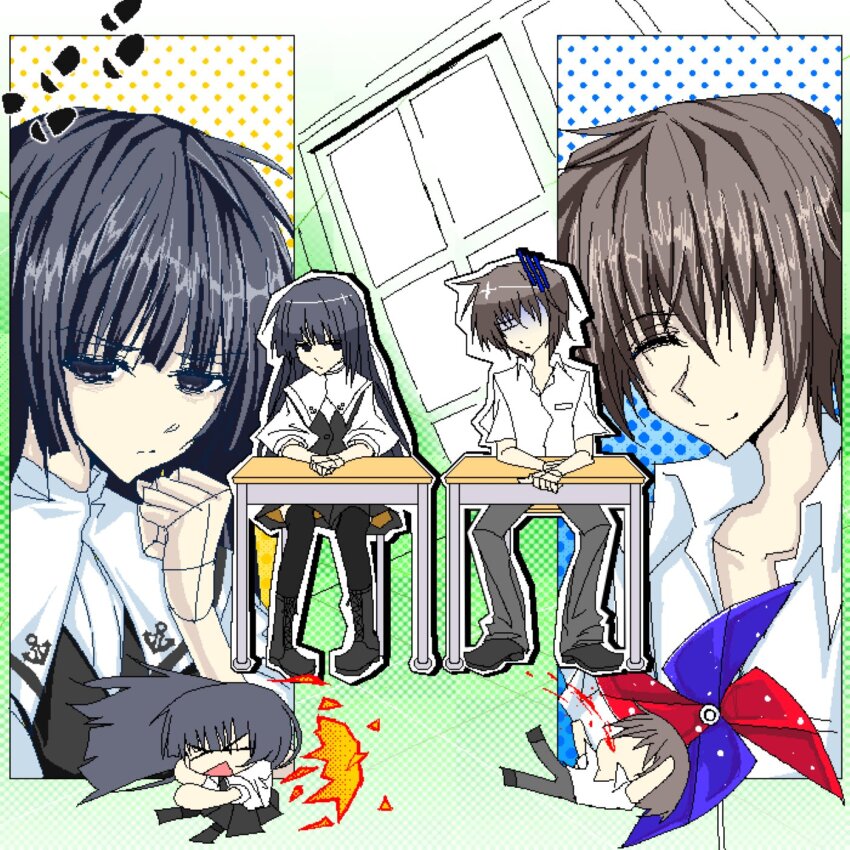 1boy, 1girl, bench, black_hair, black_shoes, black_thighhighs, blood, blunt_ends