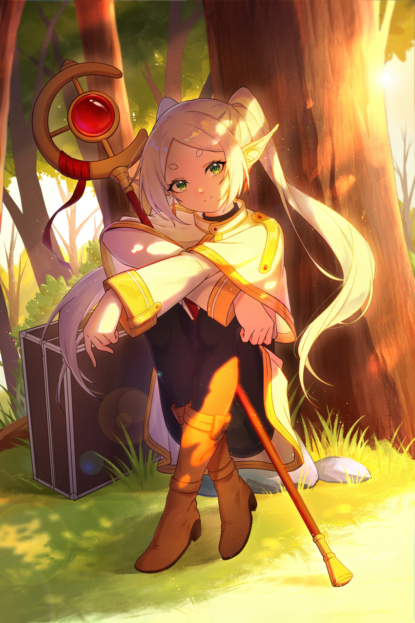 1girl, absurdres, belt, black_shirt, boots, brown_boots, capelet, closed_mouth