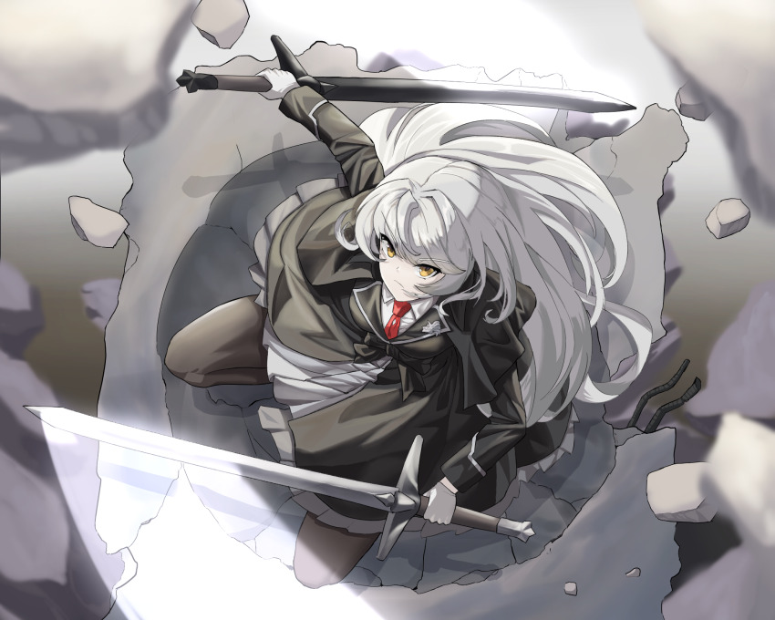 1girl, black_jacket, black_pantyhose, black_skirt, commentary, counter:side, grey_hair, hair_between_eyes