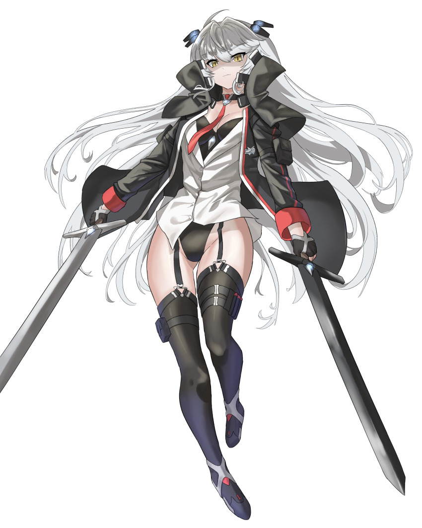 1girl, absurdres, black_jacket, black_thighhighs, commentary, counter:side, garter_belt, grey_hair