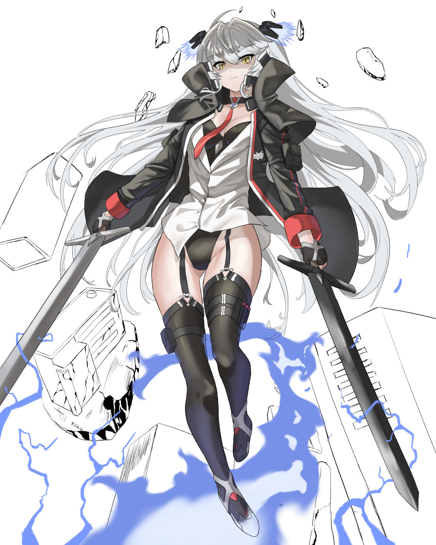1girl, absurdres, black_jacket, black_thighhighs, commentary, counter:side, garter_belt, grey_hair