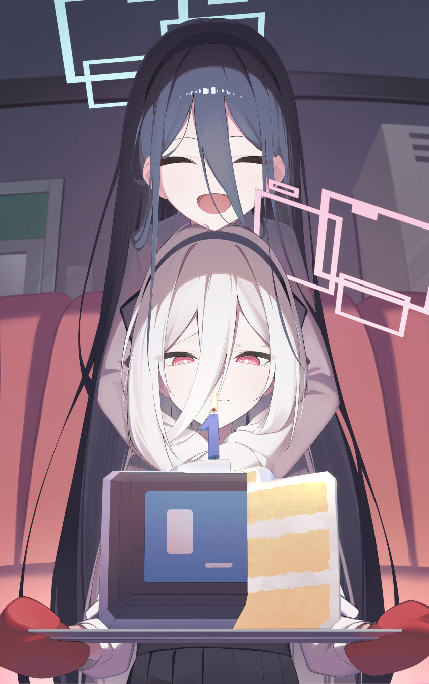 2girls, absurdres, aris_(blue_archive), birthday, birthday_cake, black_hair, black_hairband, black_skirt