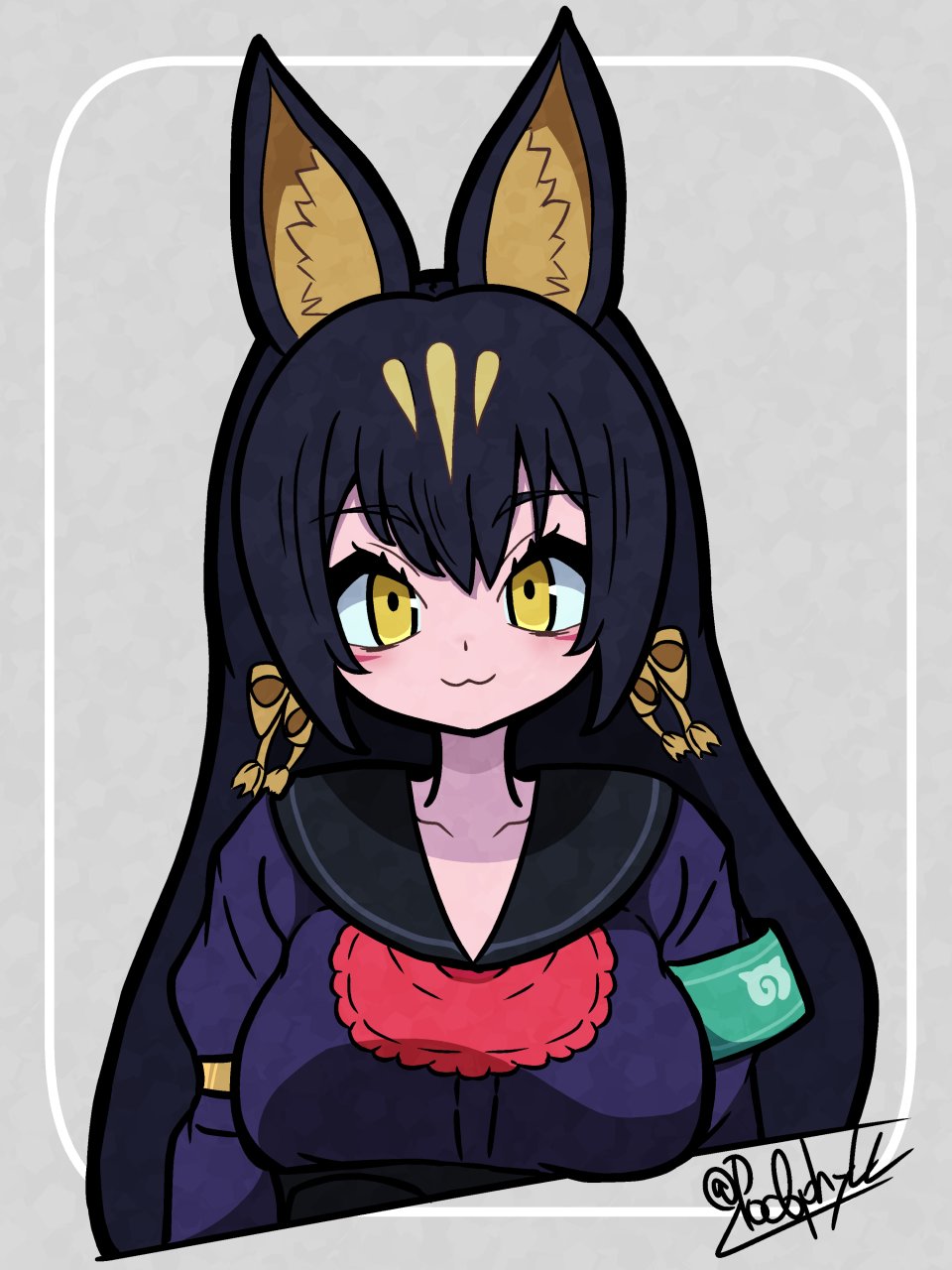 1girl, animal_ears, apron, black_hair, black_serafuku, commentary_request, extra_ears, fox_ears