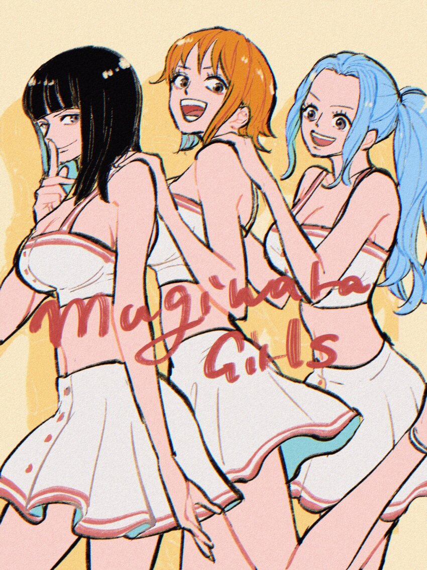 3girls, abunaideka, black_hair, blue_hair, breasts, cheerleader, cleavage, closed_mouth, commentary_request, finger_to_mouth, hand_on_another's_shoulder, highres, index_finger_raised, large_breasts, long_hair, looking_at_viewer, midriff, multiple_girls, nami_(one_piece), nefertari_vivi, nico_robin, one_piece, open_mouth, pleated_skirt, ponytail, short_hair, shushing, skirt, white_skirt