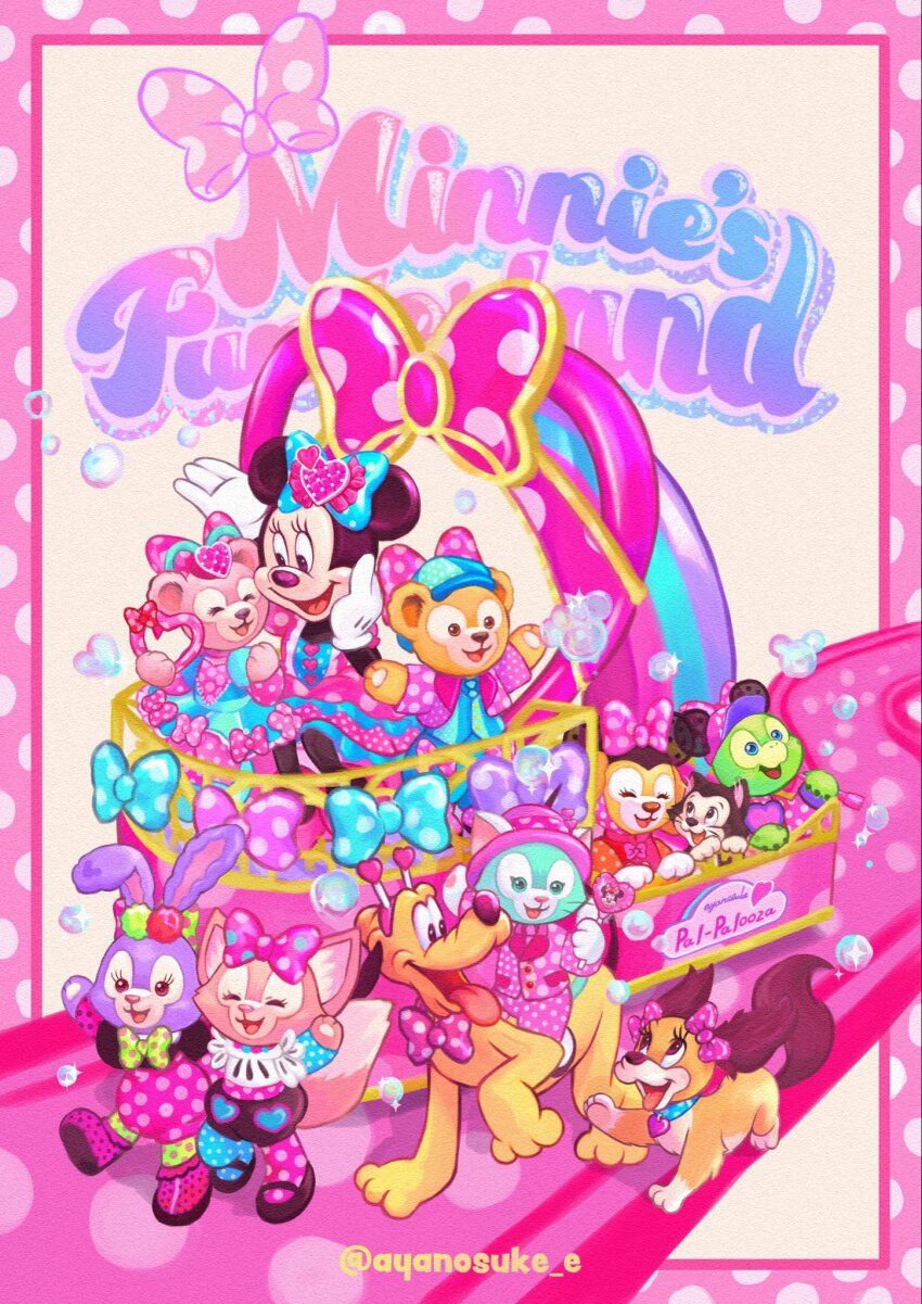 5boys, 6+girls, animal_ears, ayanosuke_e, bow, commentary_request, cookieann, disney, disneyland, duffy_and_friends, duffy_the_disney_bear, fifi_(disney), figaro_(disney), gelatoni, gloves, hair_bow, highres, humanization, linabell, mickey_mouse_&amp;_friends, minnie_mouse, mouse_ears, multiple_boys, multiple_girls, olu_mel, open_mouth, pluto_(disney), polka_dot, shelliemay, shirt, short_hair, smile, stellalou, white_gloves